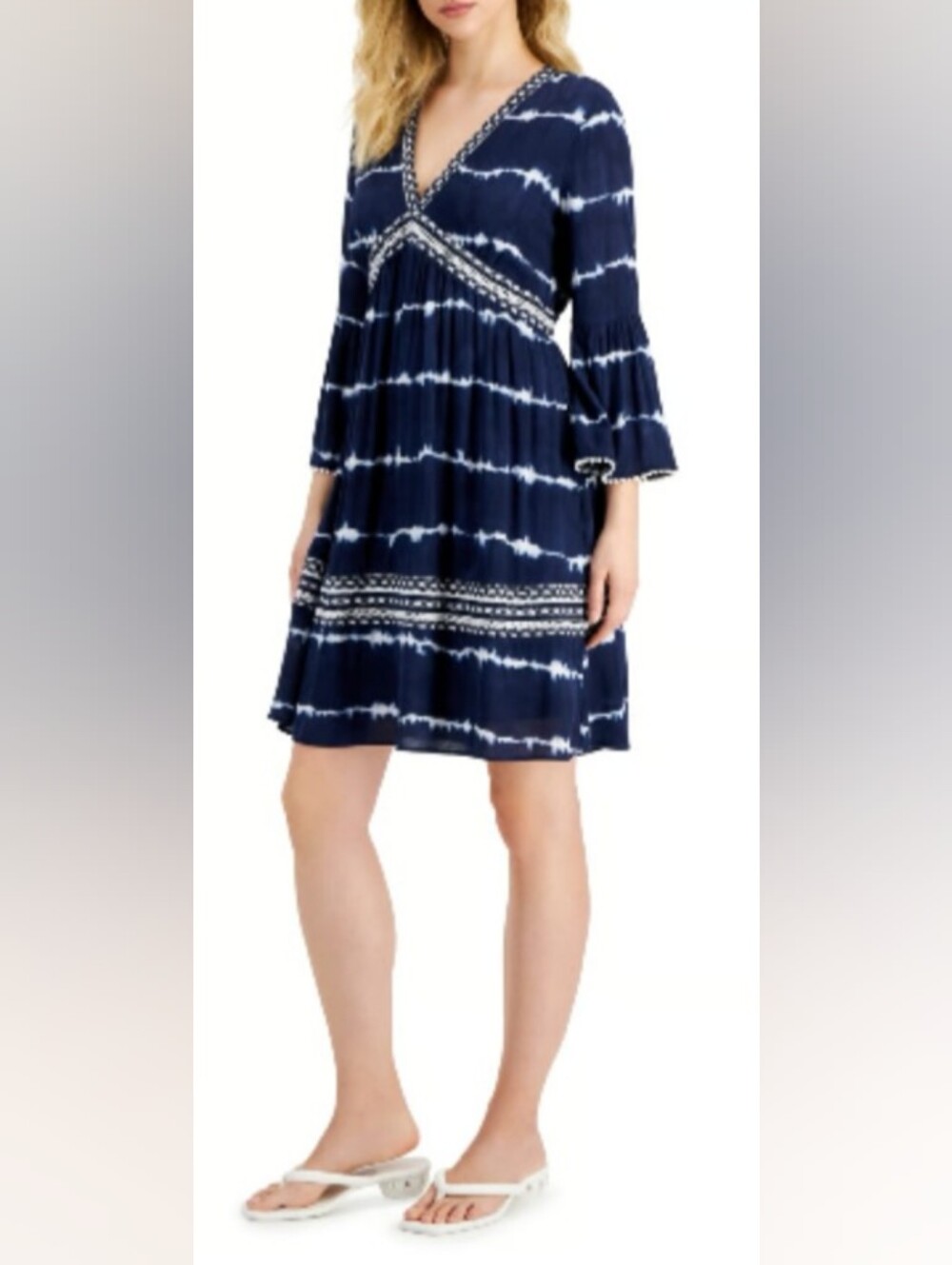 INC International Concepts Navy Tie-Dye V-Neck Mini Dress